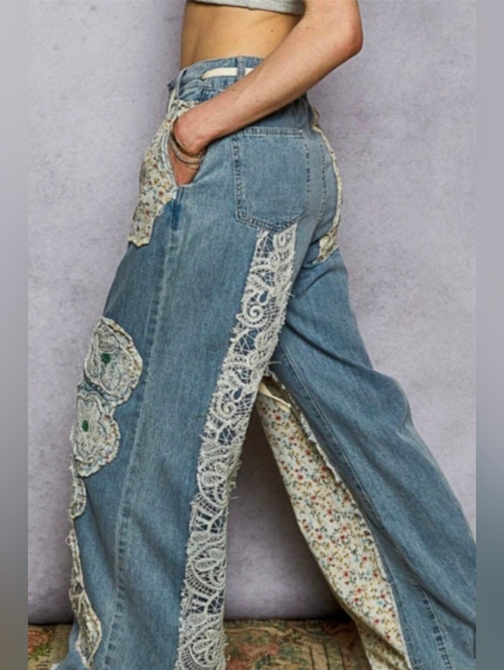 POL Wide Leg Patchwork Jeans in Light Blue with Cream Floral Patches